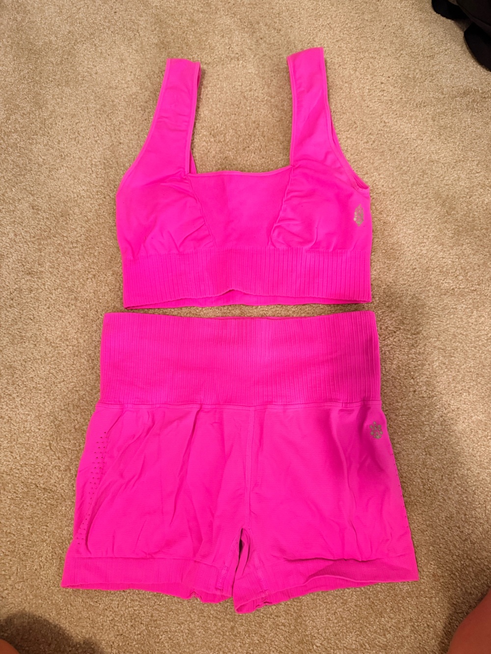 Hot Pink Free People set—Karma Square Neck Bra and Biker Shorts (sold together)